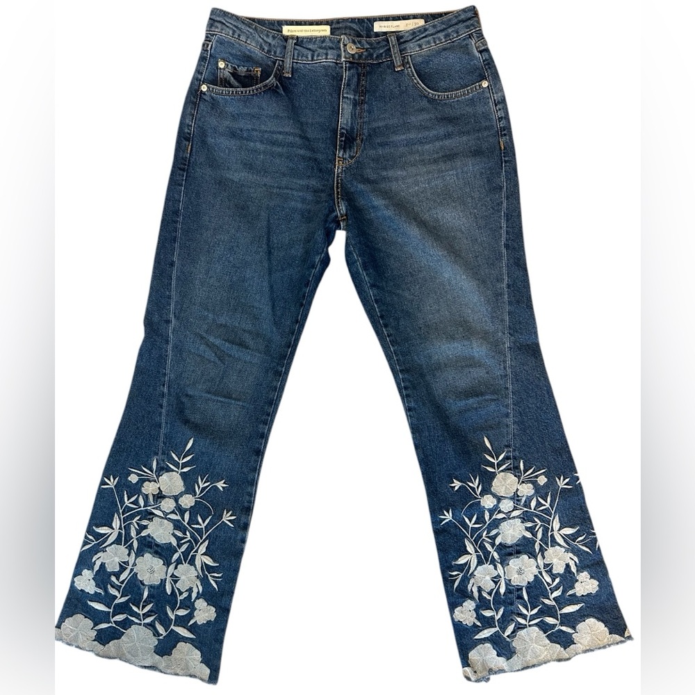 Pilcro and the Letterpress Blue Flare Jeans with White Floral Embroidery